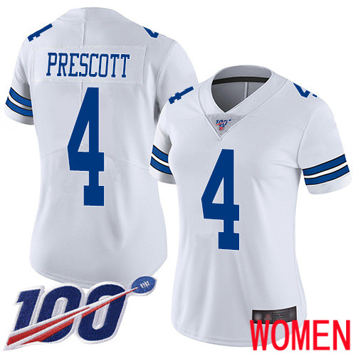 Women Dallas Cowboys Limited White Dak Prescott Road #4 100th Season Vapor Untouchable NFL Jersey